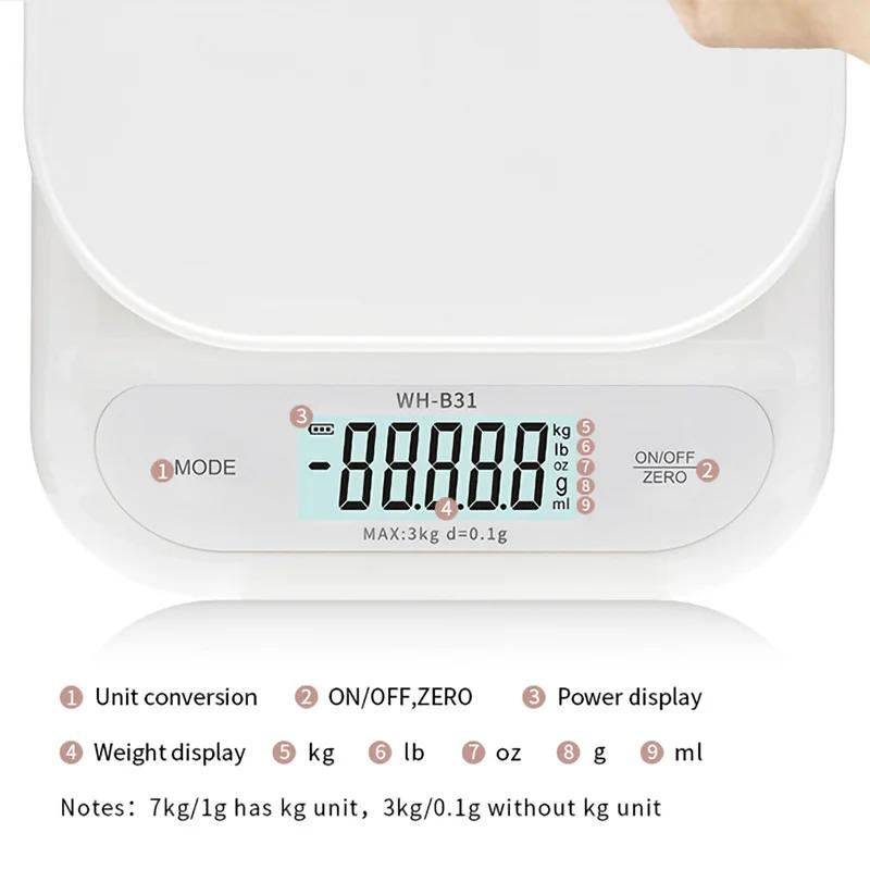 LCD Digital Kitchen Scale 3kg/7kg Food Scale Battery/USB Charging Electronic Balance Measuring Grams Scales For Cooking Baking