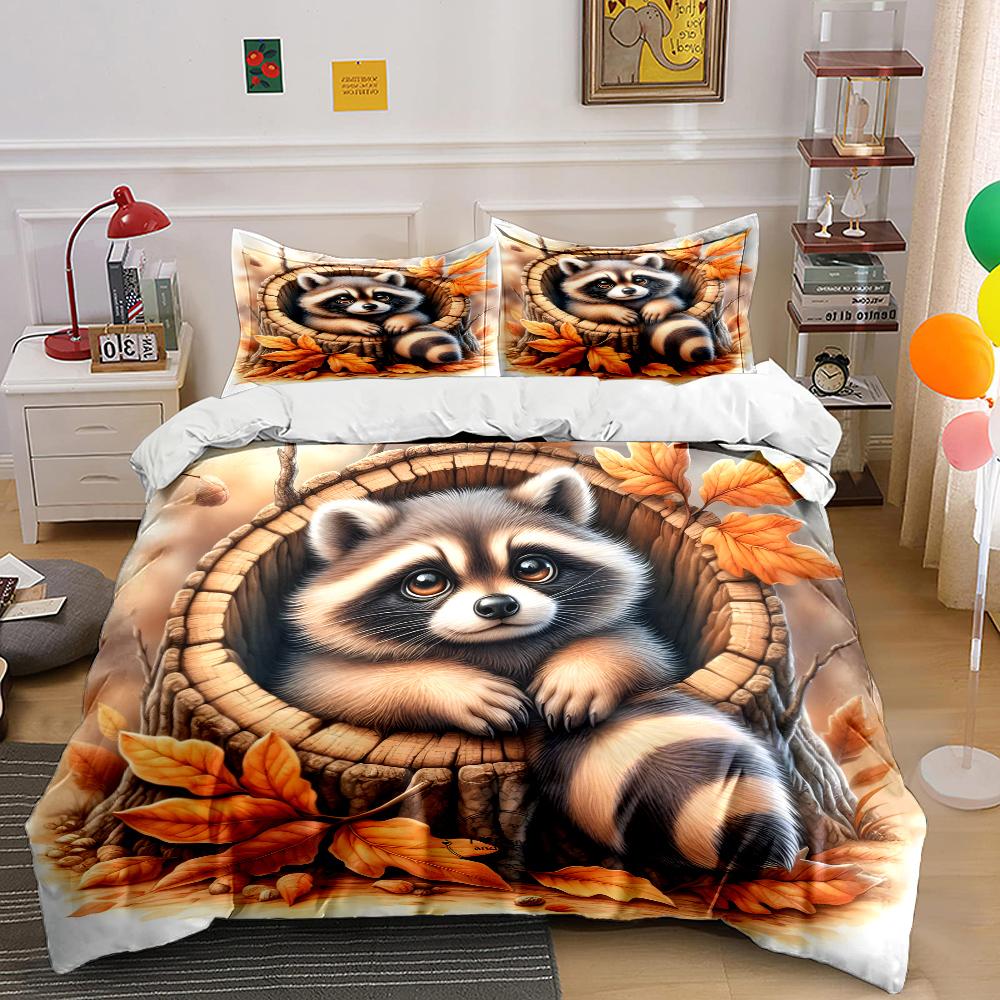 Waschbär ruht in Herbstbaumhöhle Bettwäsche-Set für Kinder Luxuriöses Geschenk 3-teiliges Digitaldruck-Bettdecken-Set Weich Bequem