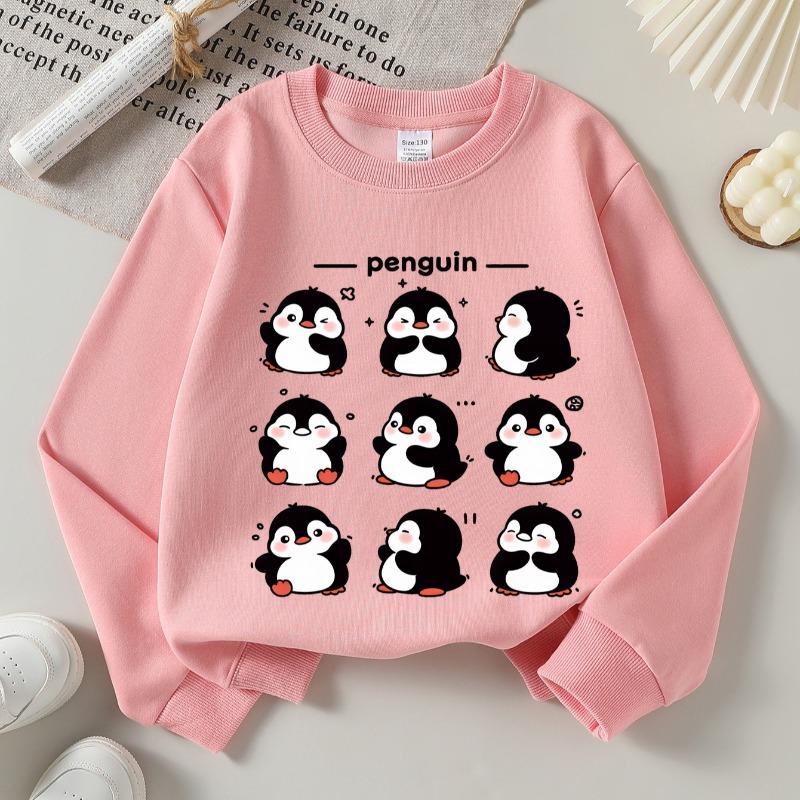 Kids Fall Winter Crew Neck Sweatshirt, Cute Penguin Expressions Print