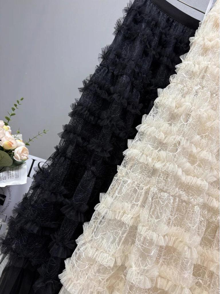 Spring 2026 Women's Irregular Layered Mesh Skirt: Long, Slimming Gauze Design, Heavy Work Detail.