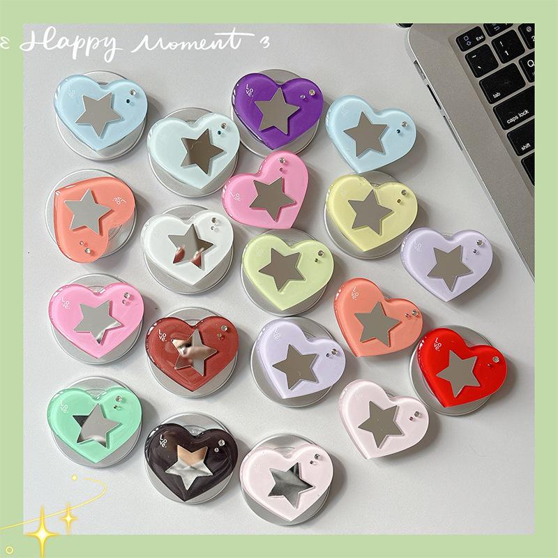 Heart-shaped Rhinestone Star Mirror Phone Holder with Magnetic Finger Ring