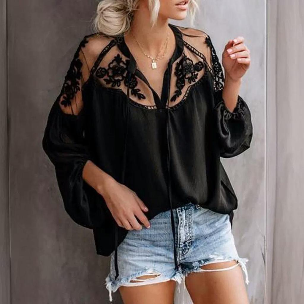 Women's Shirt White Lace Patchwork Loose V-Neck Large Size Sexy Long Sleeve Street Fashion Casual Top Blouses for Female