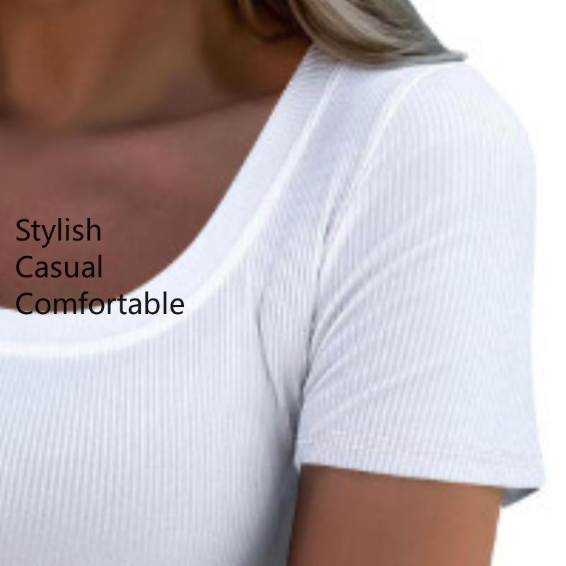Moda feminina casual verão primavera cor sólida estampa manga curta gola em U blusas e camisas