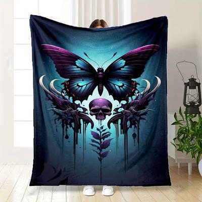 "Dark Butterfly Skull Tattoo Design Art Print"Blanket Flannel Throw Blanket for Sofa, Bed, Travel, Camping, Office