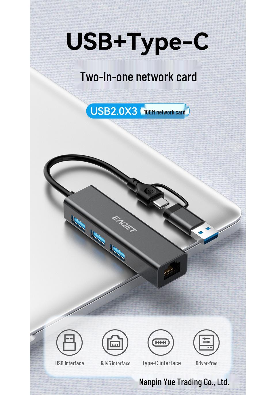 

Yijie USB & Type-C to RJ45 Network Adapter with 3-Port HUB, 100Mbps, Driver-Free