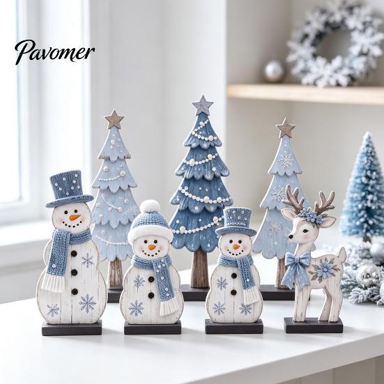 Handcrafted Holiday Gift Ideas 7Pcs Christmas Wooden Tabletop Ornaments, Snowman Tree Reindeer Tiered Tray Table Centerpieces Decor for Mantel, Rustic