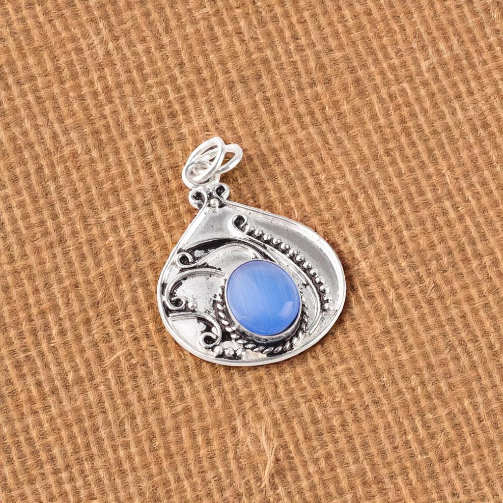 Dark Blue Cat's Eye Gemstone 925 Sterling Silver Jewelry Handmade Pendant 1.45" PP-27-39