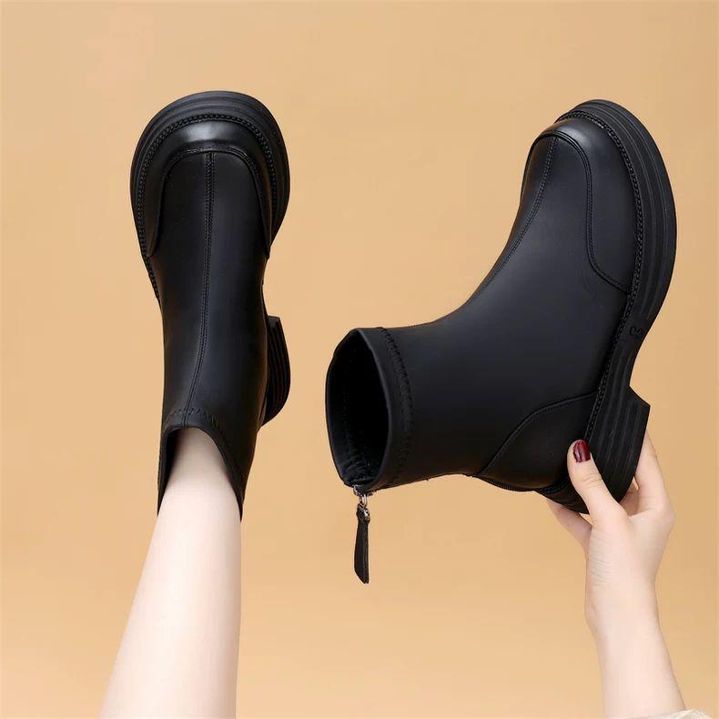 Women's Genuine Leather Chelsea Ankle Boots - New 2025 British Style, Winter Velvet Lining, Thick Sole, Slimming Design, Available in Plus Size 41