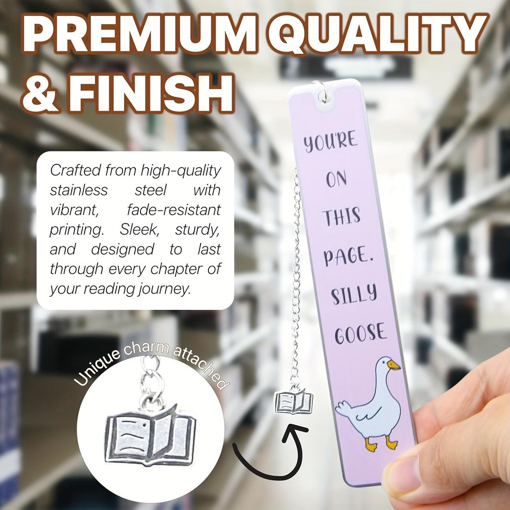 Adorable Goose Bookmark, Humorous Bookmarks for Women, Metal Bookmark in Pink, Bookworm Bookmark, Literary Additions, Great Gifts for Book Enthusiasts