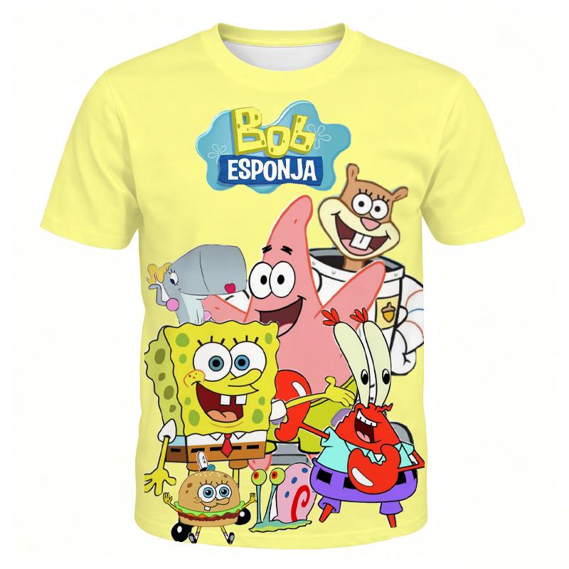SpongeBob SpongeBob SpongeBob Cartoon Children Short-Sleeved T-Shirt 3-13 Years Old Boys Girls Pie Big Star Crab Boss Sandy Breathable Half-Sleeved Mi