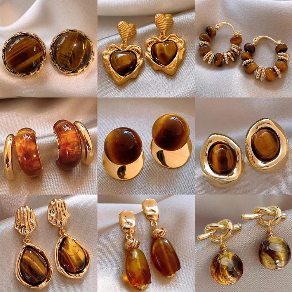 Tiger Eye Stone Earrings Alloy High End Ear Accessories Maillard Earrings Light Luxury Light Luxury Earrings For Gifts Daily