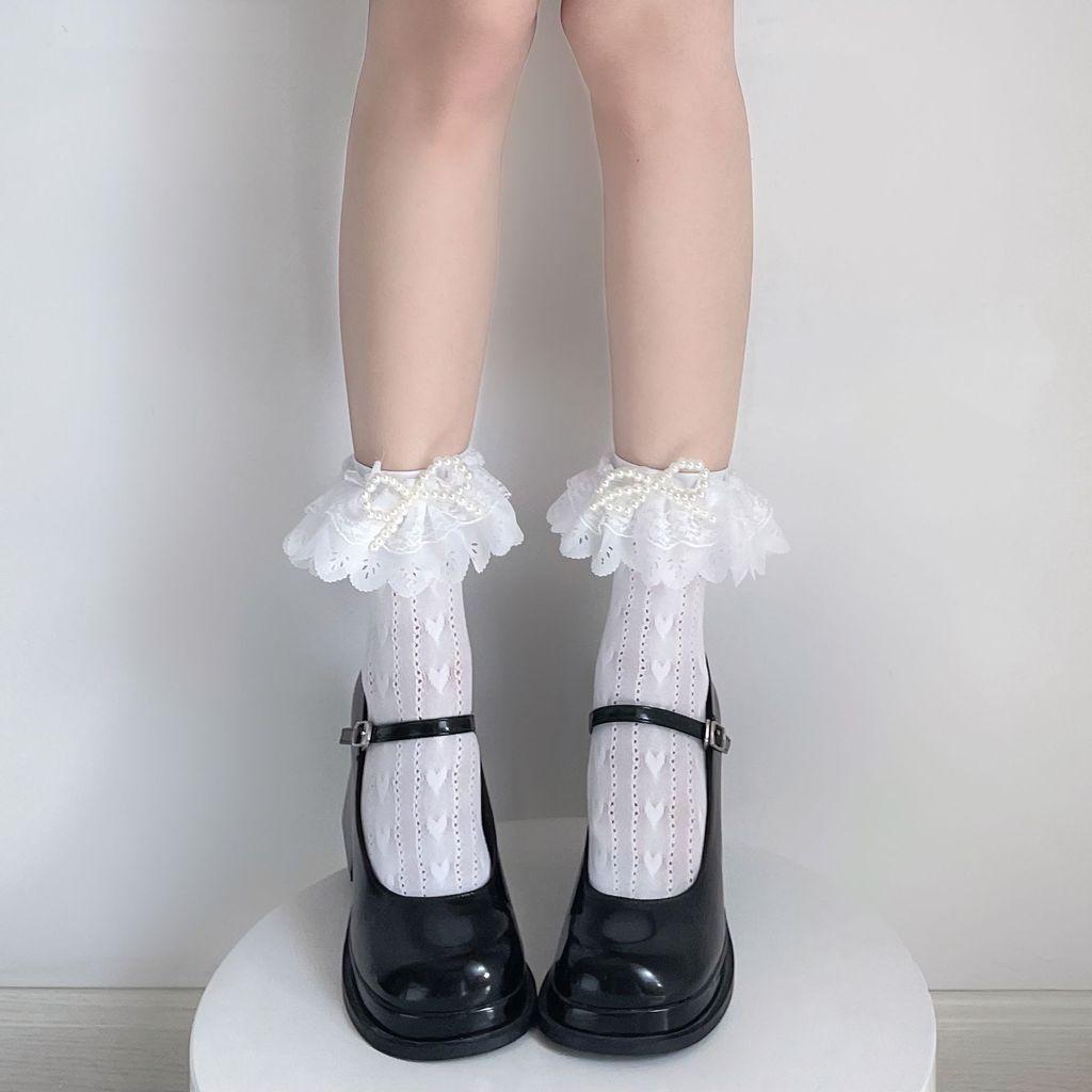 Letní bílé krajkové ponožky s perlovým mašličkou pro dívky, s protiskluzovou a antibakteriální úpravou