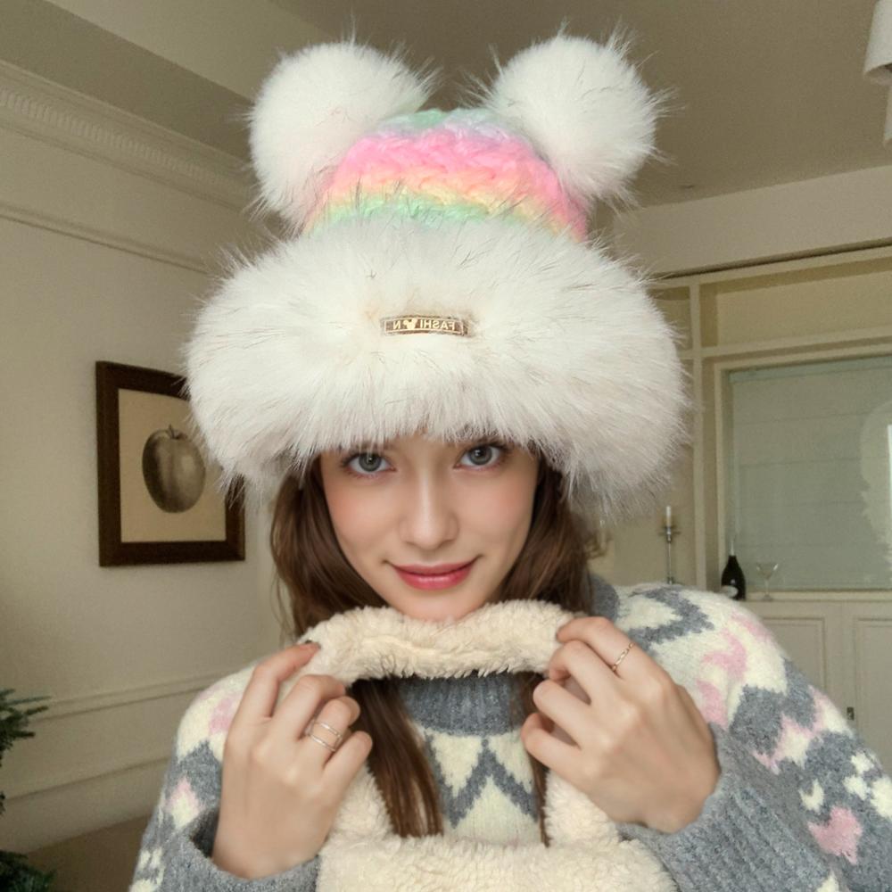 New Women Cute Plush Pompoms Winter Hat Trendy Streetwear Knitted Hat Lovely Dandy Cap For Girls