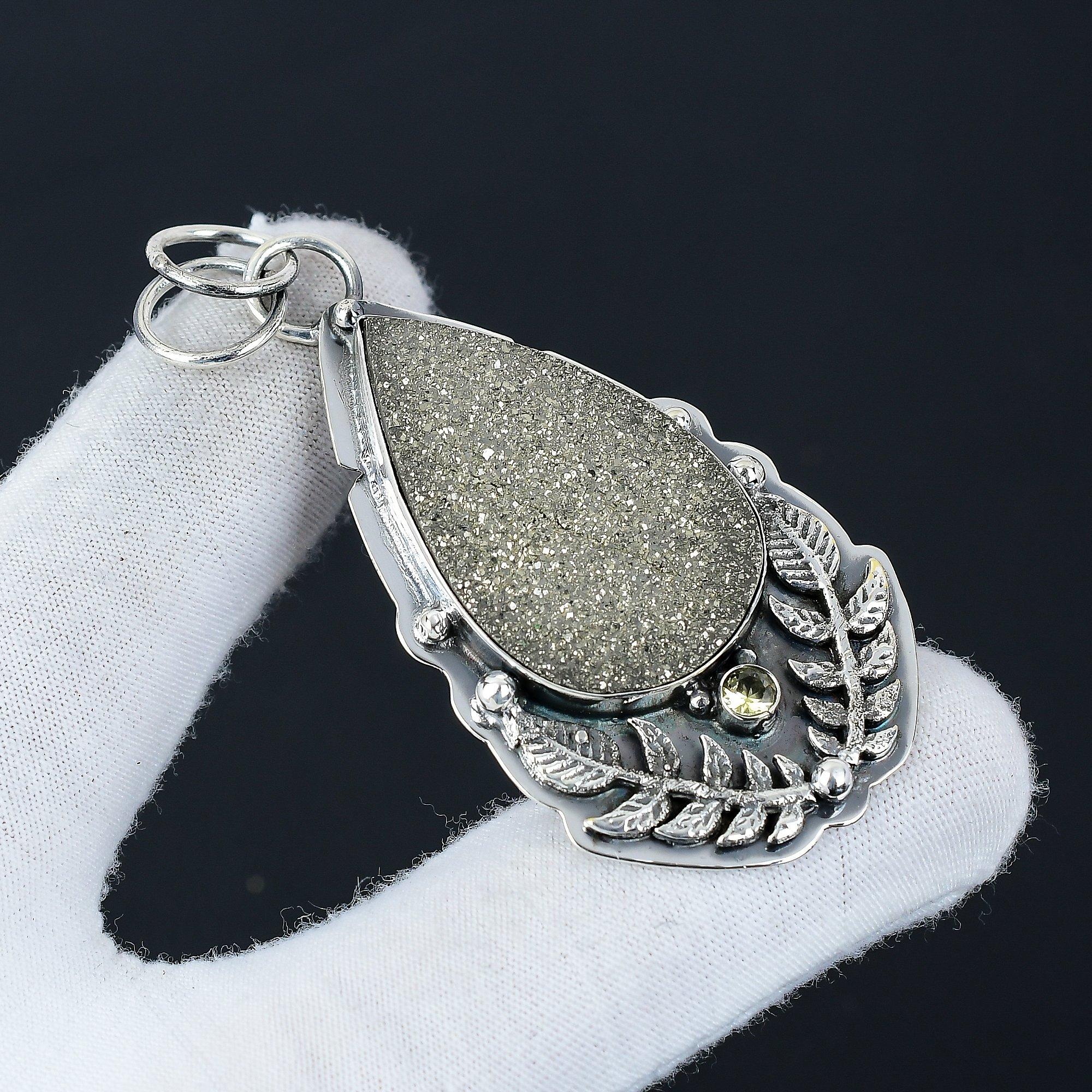 

Natural Pyrite Druzy Gemstone Silver Pendant in 925 Sterling Silver- Handmade Design, Everyday Wear Jewelry, Unique Citrine Pendant Easter Gift 2.36 золотистий