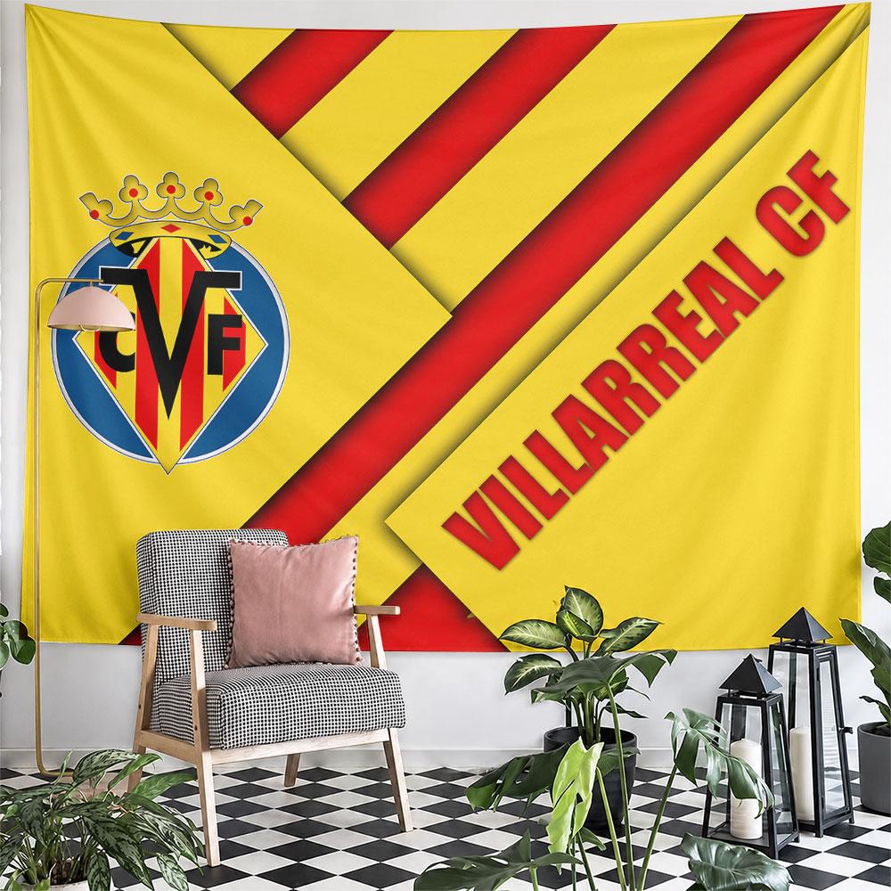 Diagonal yellow and red stripes with Villarreal CF logo and text design. Patterned tapestry for bedroom and living room home decor