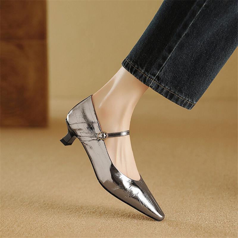 Fashion New Spring/summer Mary Jane Shoes Genuine Leather Shoes for Women Fashion Square Toe Shallow Women Pumps Chunky Heels Beige