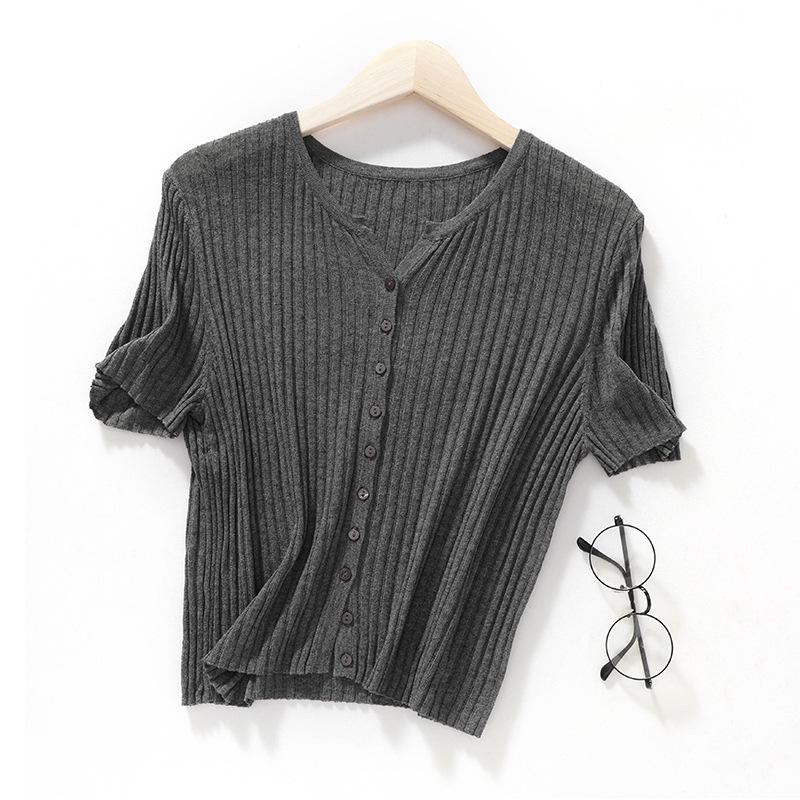 Women V Neck Ribbed Knit Cardigan Short Sleeve Slim Tencel Linen Lightweight Summer Cropped Top