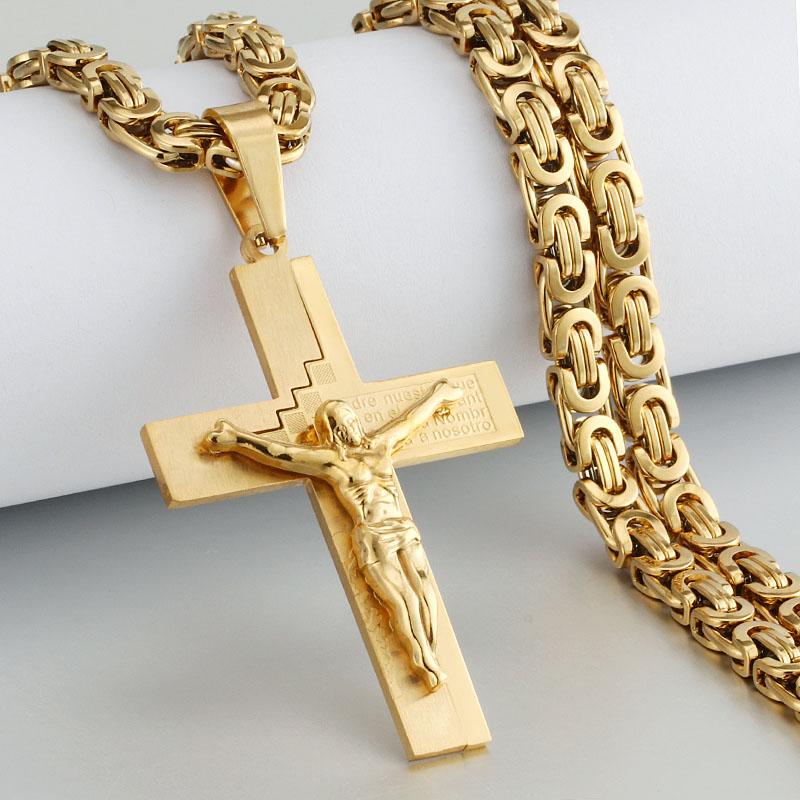 Collana con ciondolo a croce in acciaio inossidabile per uomo religioso, pesante collane a catena bizantina, gioielli sacri di Gesù Cristo