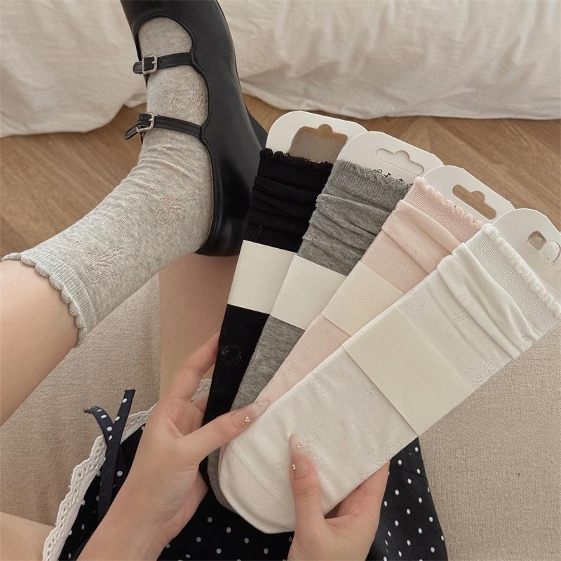 Women's Summer Solid Shade Bow, Bubble Rim Lace Boneless Pile Cotton Socks