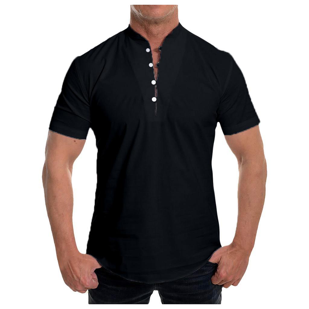 Men's Linen Short-sleeved Casual Shirt Collarless Standing Collar Summer Top