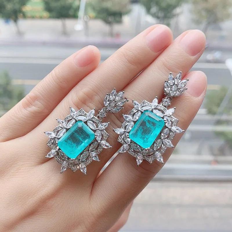 Sweet And Luxurious Jewelry, European And American Sparkling Personality, Bride'S Wedding, Blue Zircon Earrings