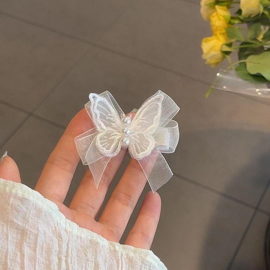 Super Fairy White Mesh Butterfly Pearl Hairpin, Nymph Fairy Beauty Bow, Small Hairpin, Side Braided Hair Headdress.