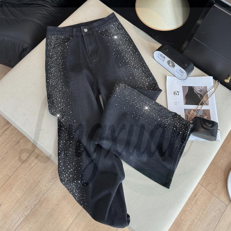 Li Wanjun Korean Style High-Waist Straight Leg Slimming Denim with Large Particle Rhinestones
