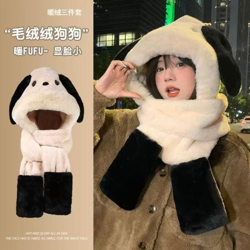 New cute plush hat scarf gloves integrated hat women's autumn and winter cartoon warm cycling thickened ear protector