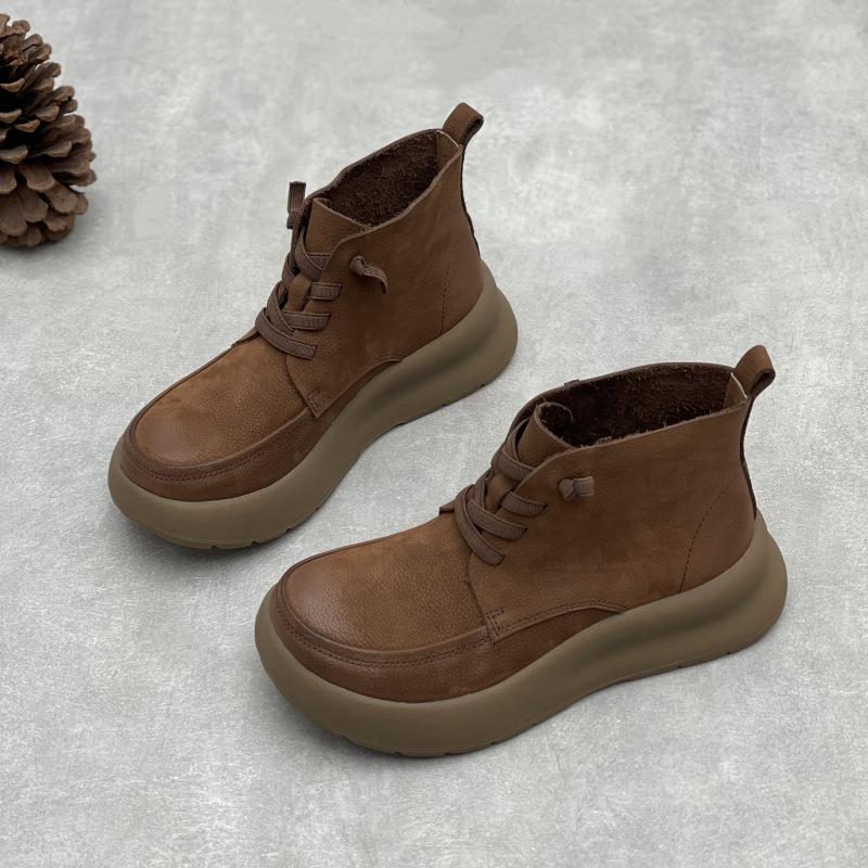 Johnature Handgefertigte Damen-Freizeitschuhe aus echtem Leder, Retro-Plateausohle, vielseitige Kurzstiefel aus Rindsleder