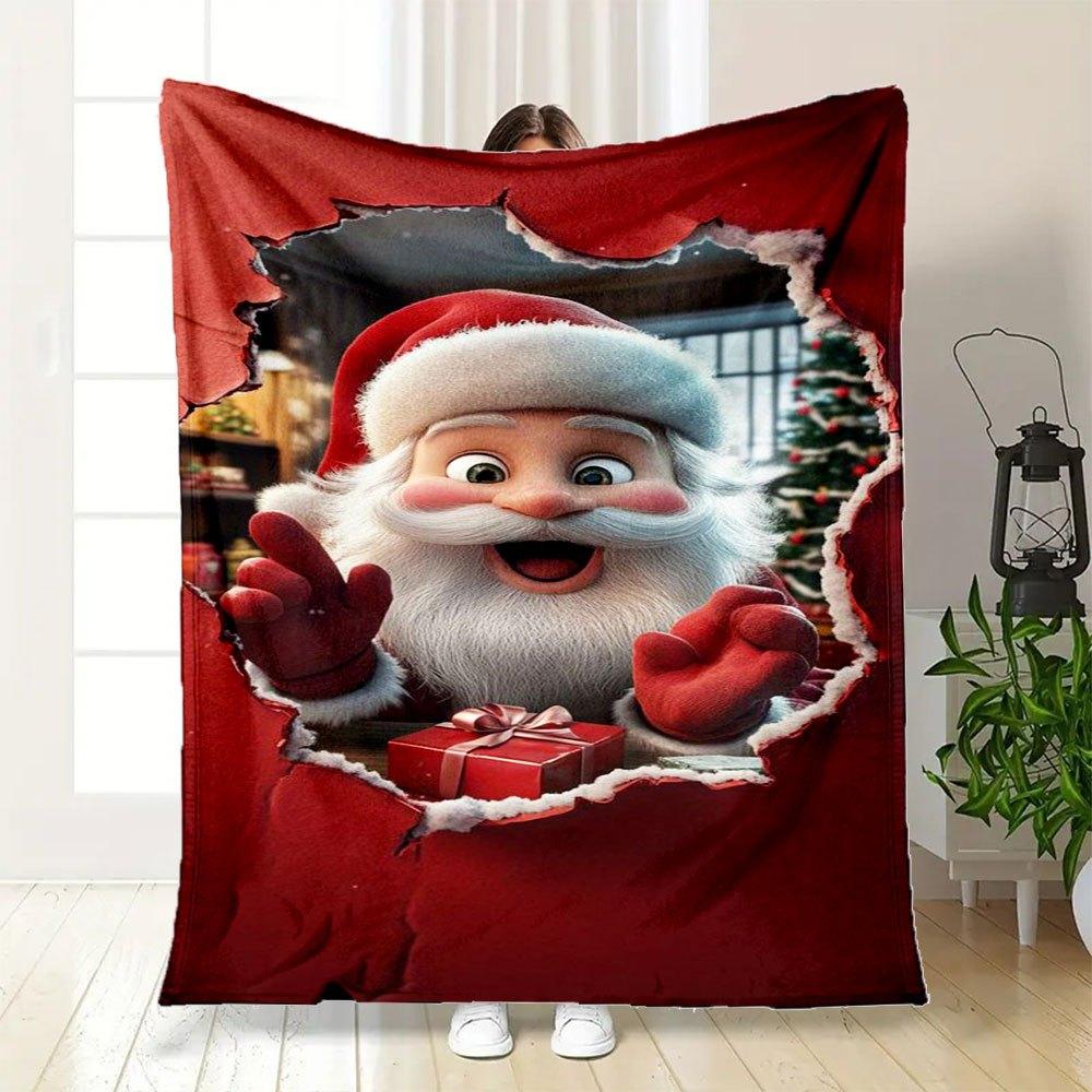 "Christmas Santa Claus Gift Box with Bow"Blanket Flannel Throw Blanket for Sofa, Bed, Travel, Camping, Office