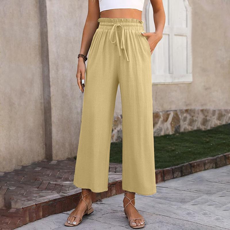 

European-American Women s Fashion: 2026 Spring/Summer Casual Wide-Leg High-Waist Pants In Loose Solid Color Cotton Linen. S хаки