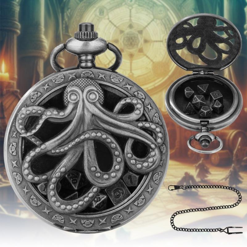 Portable and Stylish Pocket Watch Set Polyhedral Dices Set with Pocket Watch Case Pocket Watch Case Pendant