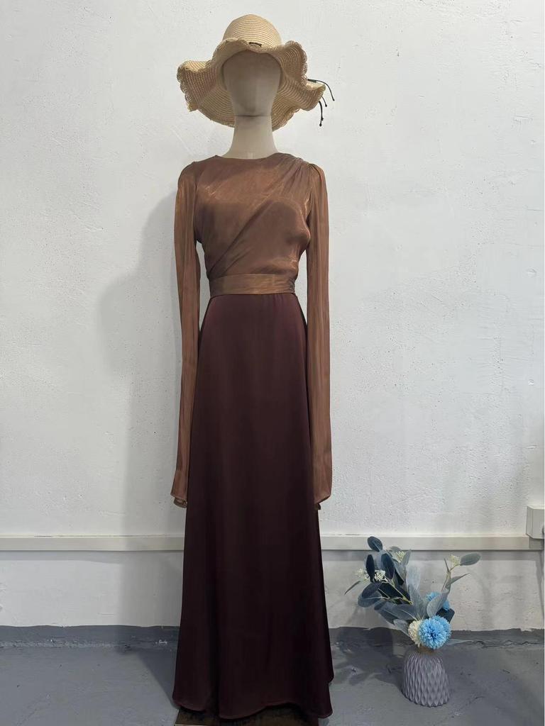 2026 Spring Socialite Slimming Spliced Glass Yarn Long Sleeve Satin Dress