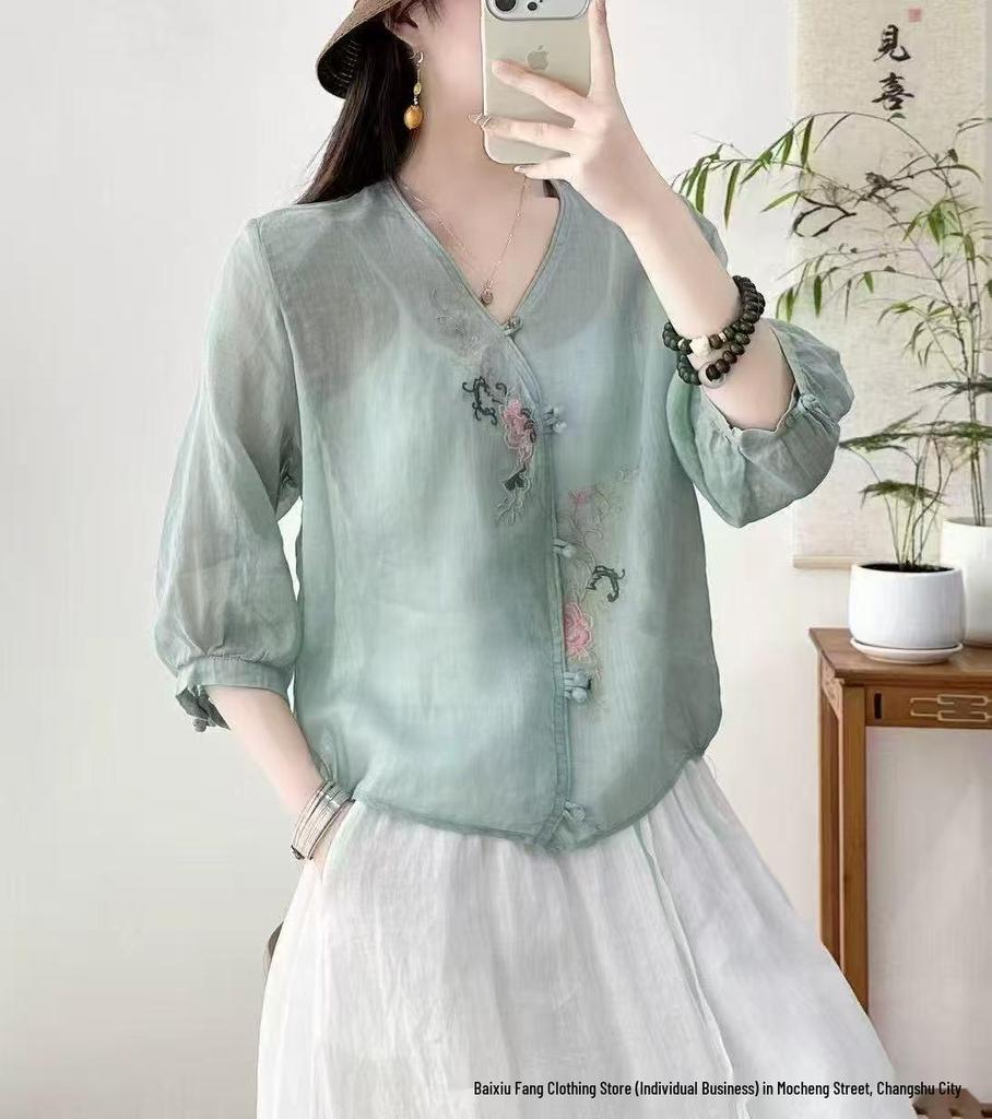 2026 Summer Women's V-Neck Floral Embroidered Linen Shirt - Artistic, Loose Fit, Three-Quarter Sleeves, Chinese Style