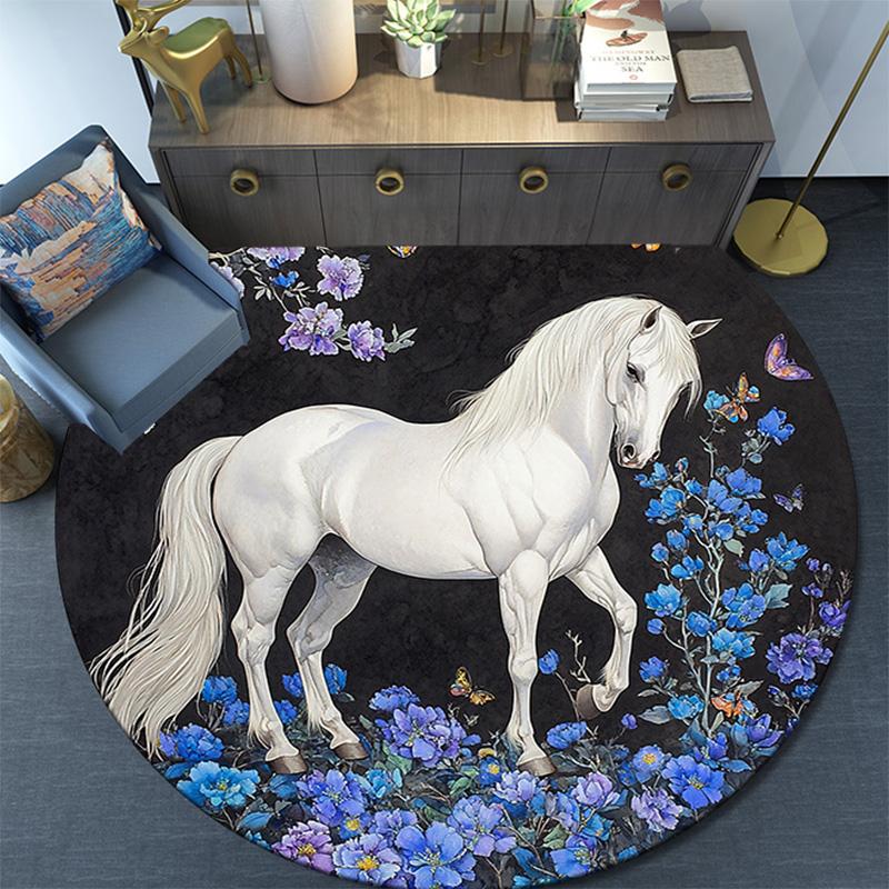 White Horse Round Area Rug,Carpet Rug for Living Room Bedroom Sofa Playroom Decor,Non-slip Floor Mat