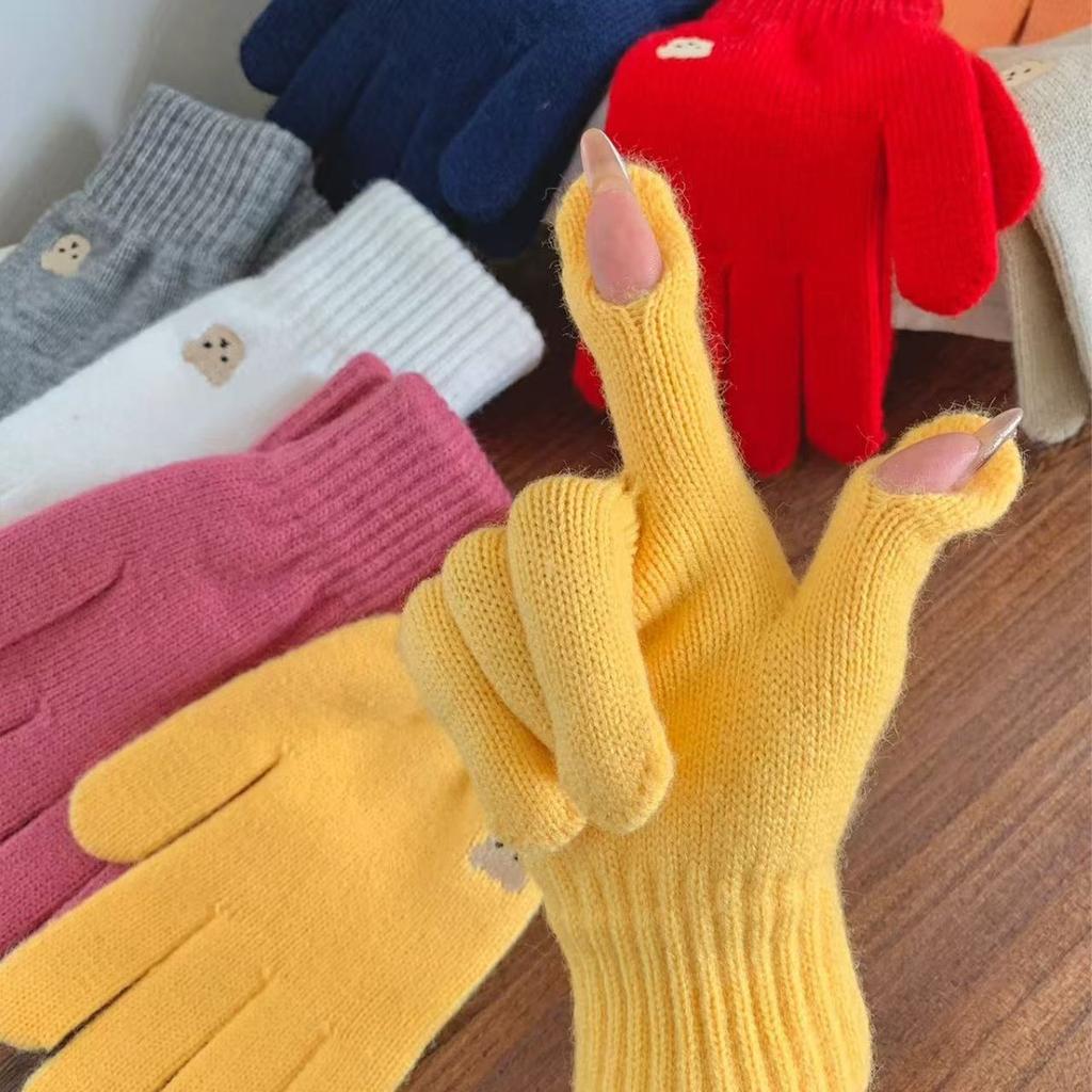 Korean Cute Bear Embroidered Wool Gloves for Women Autumn and Winter Knitted Touch Screen Student Warm Cycling Gloves Windproof