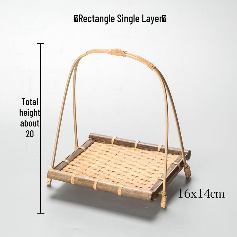 Envious Porcelain Bamboo Handled Basket - Round Handle Tea, Pastry, & Fruit Tray, Creative Multi-Layer Small Basket