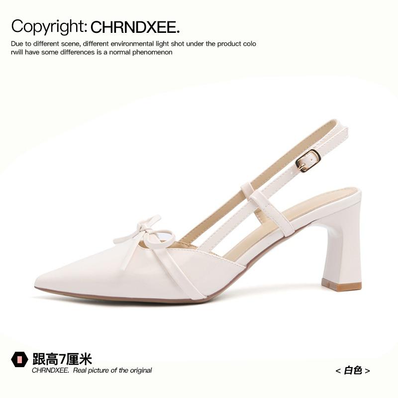 High-heeled sandals women's pointed bow word with temperament thick-heeled sandals women's fashion versatile outer sandals