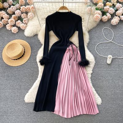 Abito in maglia da donna, alla moda, con scollo a V, a maniche lunghe, con coulisse, a blocchi di colore, con giunture, plissettato, lungo