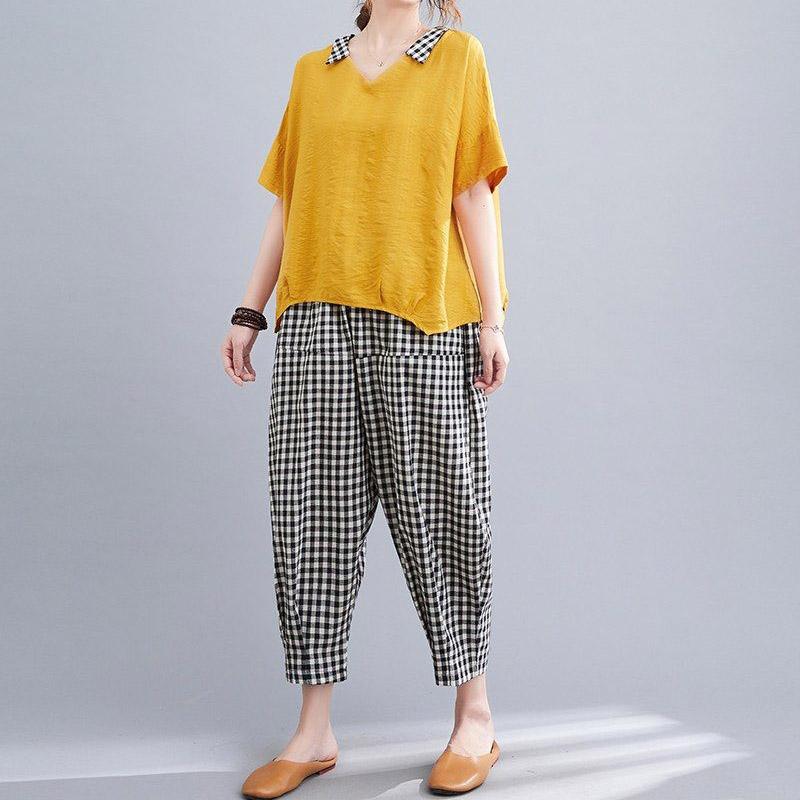 

Летний костюм из 2 предметов, женский хлопок, футболка, брюки, удобный двухкомпонентный топ с короткими рукавами и длинные брюки, свободный повседневный костюм M жёлтый