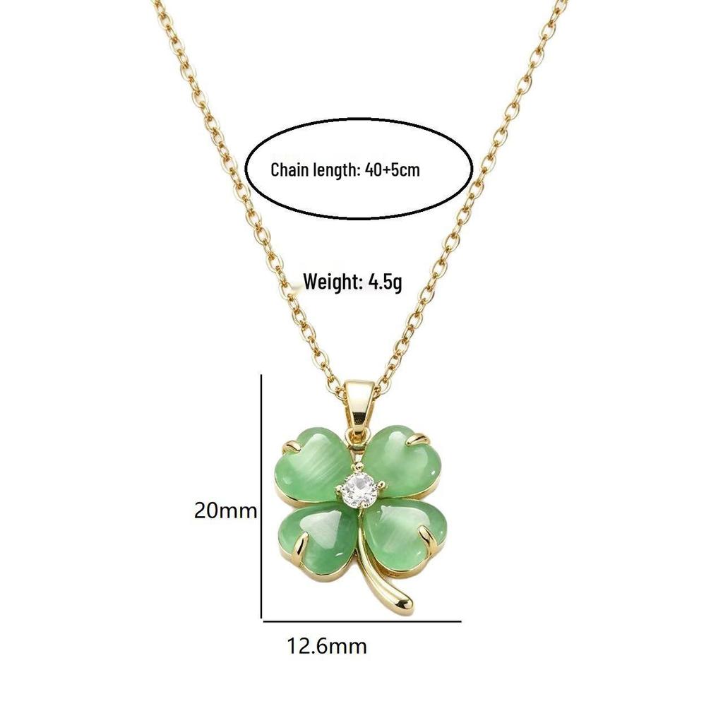Korean Style Titanium Four-Leaf Clover Cat's Eye Necklace for Women - Elegant, Lucky Pendant Clavicle Chain Accessory