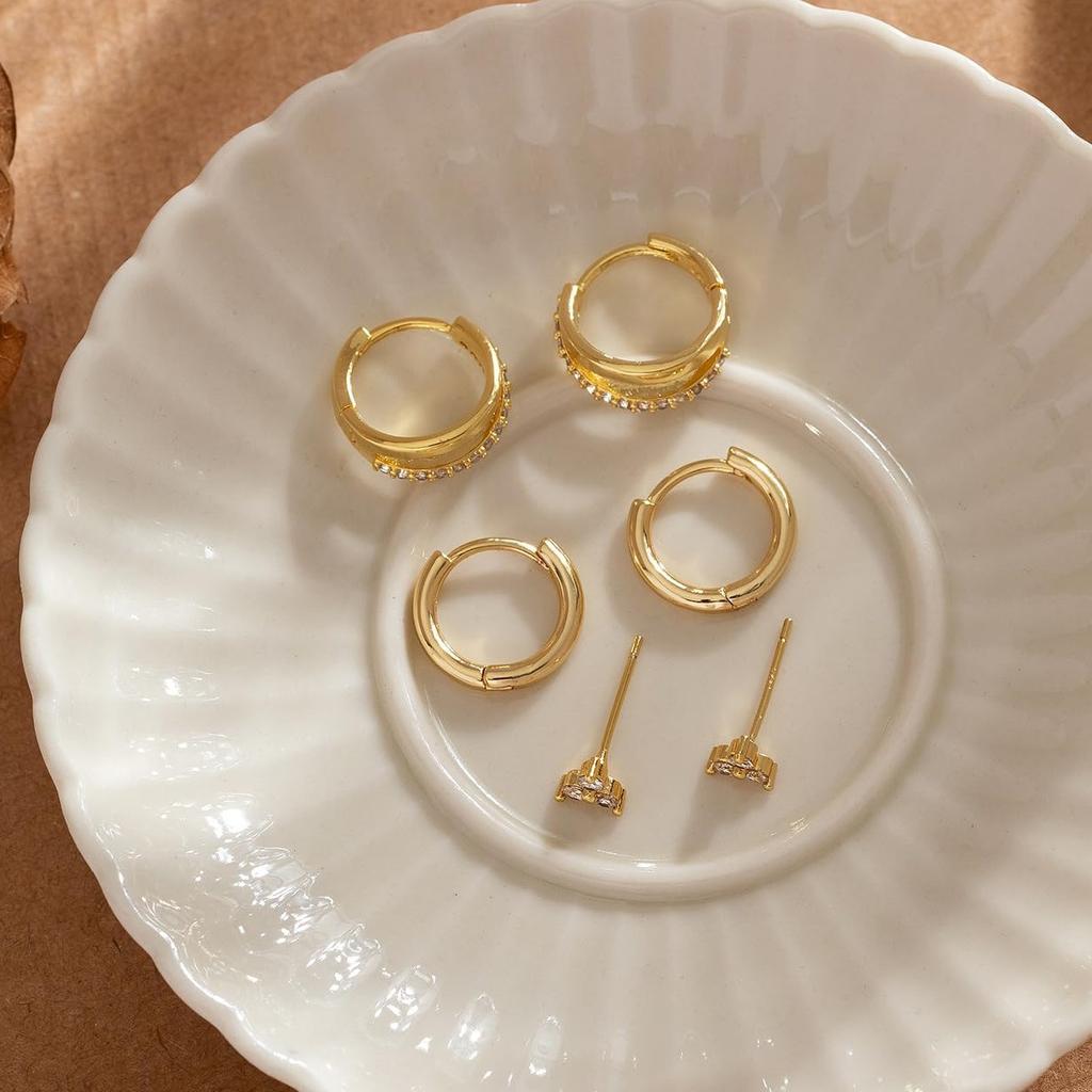 3 Pcs Set Hoop Stud Earrings for Women, Multiple Piercing CZ Crystal Triangle Studs Stackable Huggie Earrings Set Jewelry