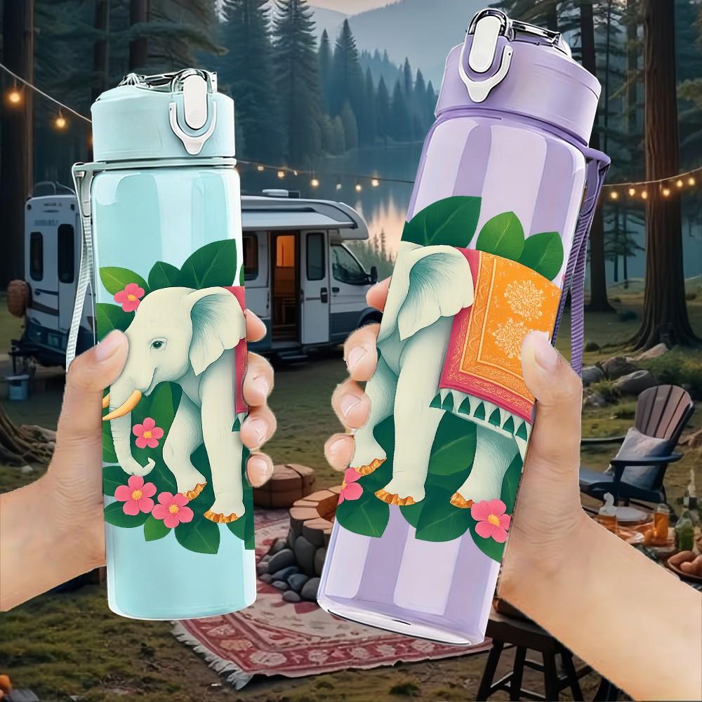 1PC Elephant Green Leaf Floral Print 750ml Color Plastic Sports Water Bottle Leakproof Flip Straw Lid Suitable for Sports Office Home Use