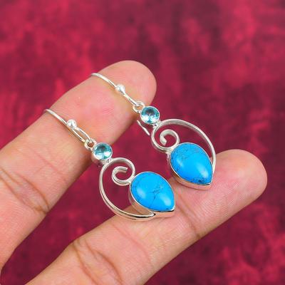 Blue Turquoise, Blue Topaz Earrings, 925 Solid Sterling Silver Gemstone Jewelry, Handmade Earrings, For Thanksgiving
