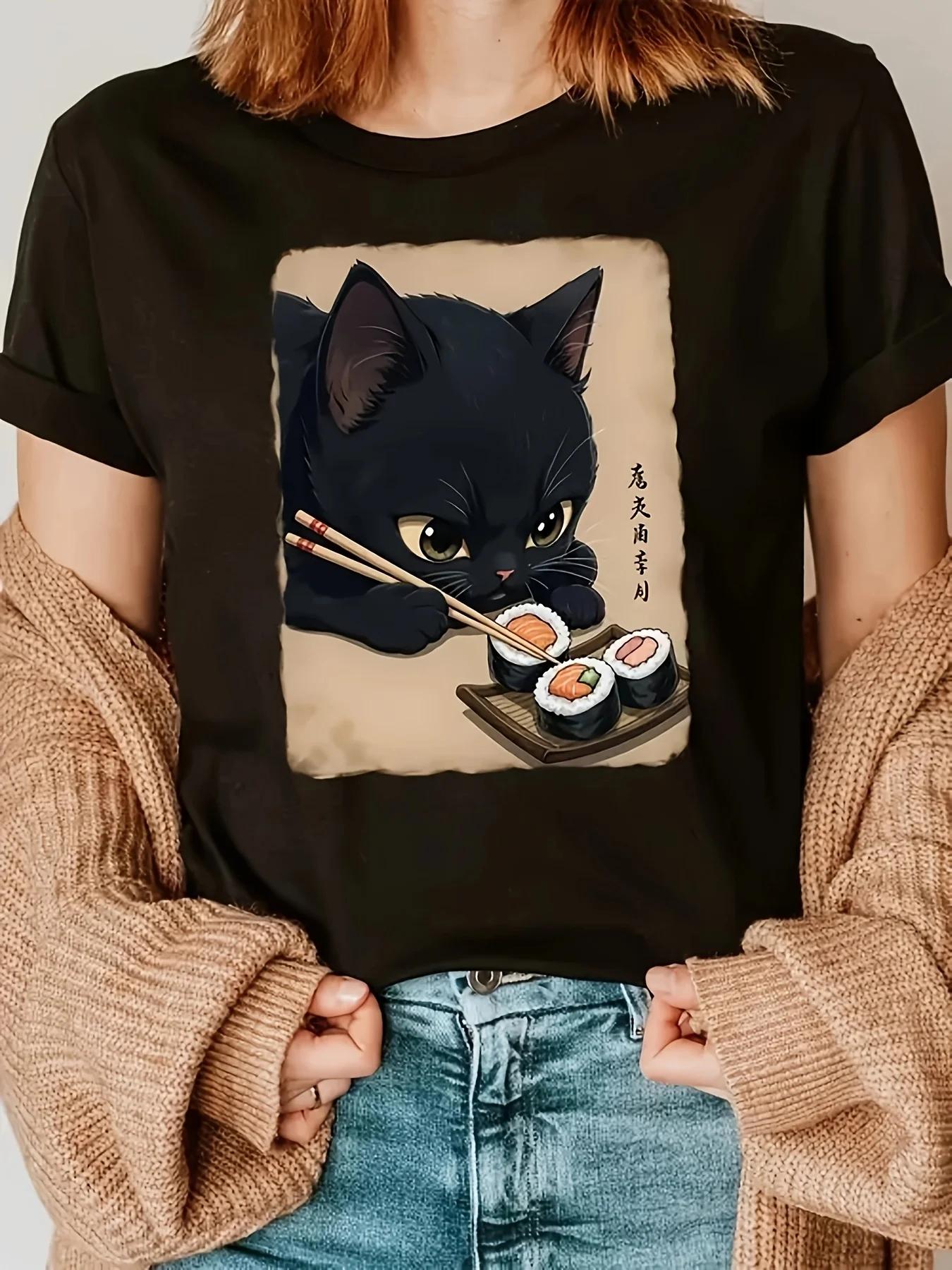 

Женская графическая футболка из полиэстера с принтом кошки и суши, повседневная, с короткими рукавами и круглым вырезом 3XL
