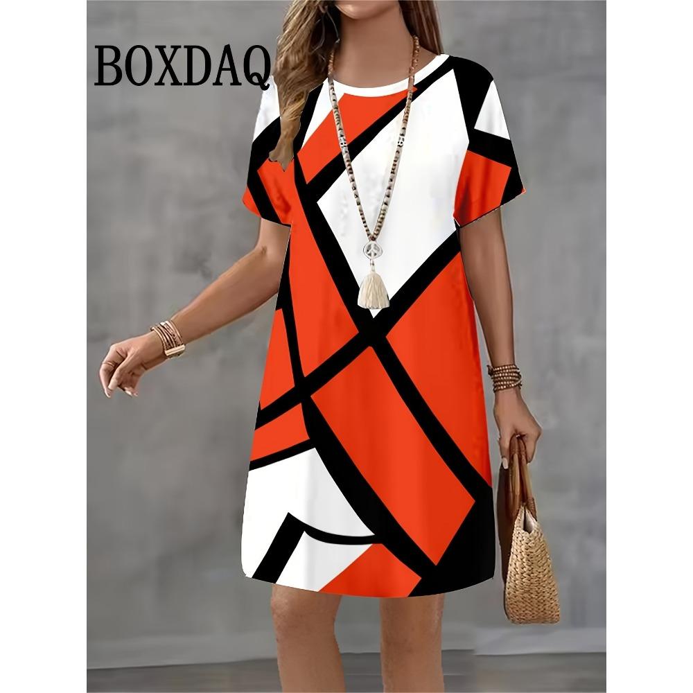 Geometric Pattern 3D Print Dress For Women 2025 New Fashion Summer Clothing Short Sleeve Loose Casual O-Neck Short A-Line Dress