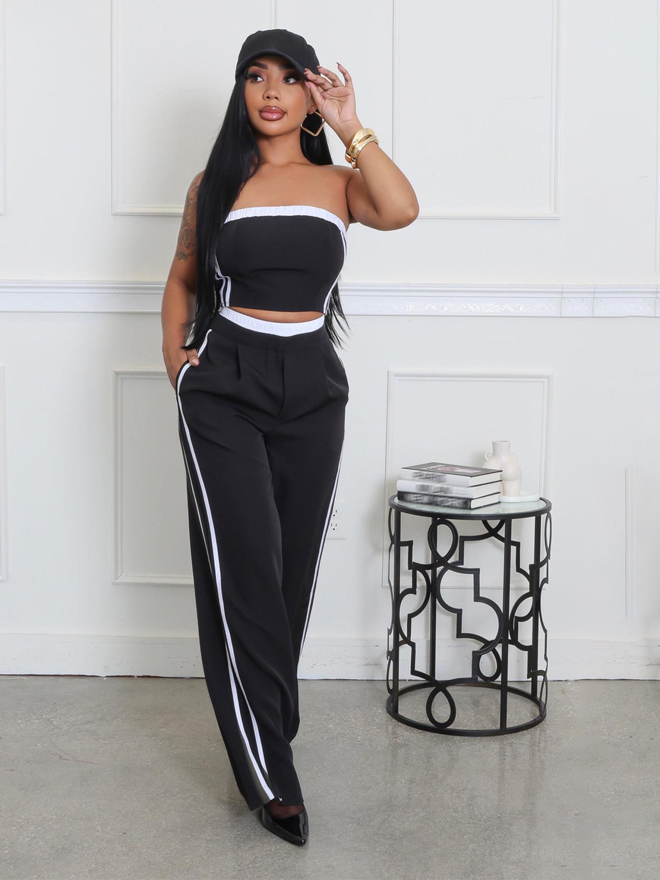 

European Summer Chic Strapless Top & Wide Leg Pants Set XXL чорний