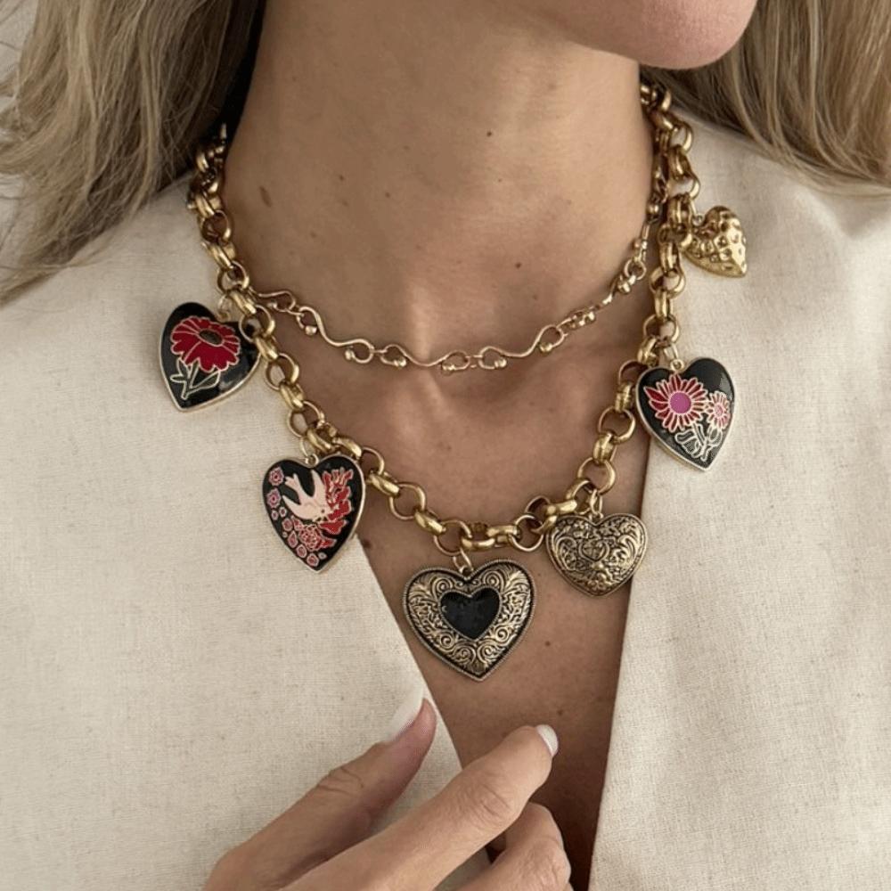 Metal Chain Heart Pendant Necklace Floral Bohemian Collarbone Chain Multi Layer Choker  Girls