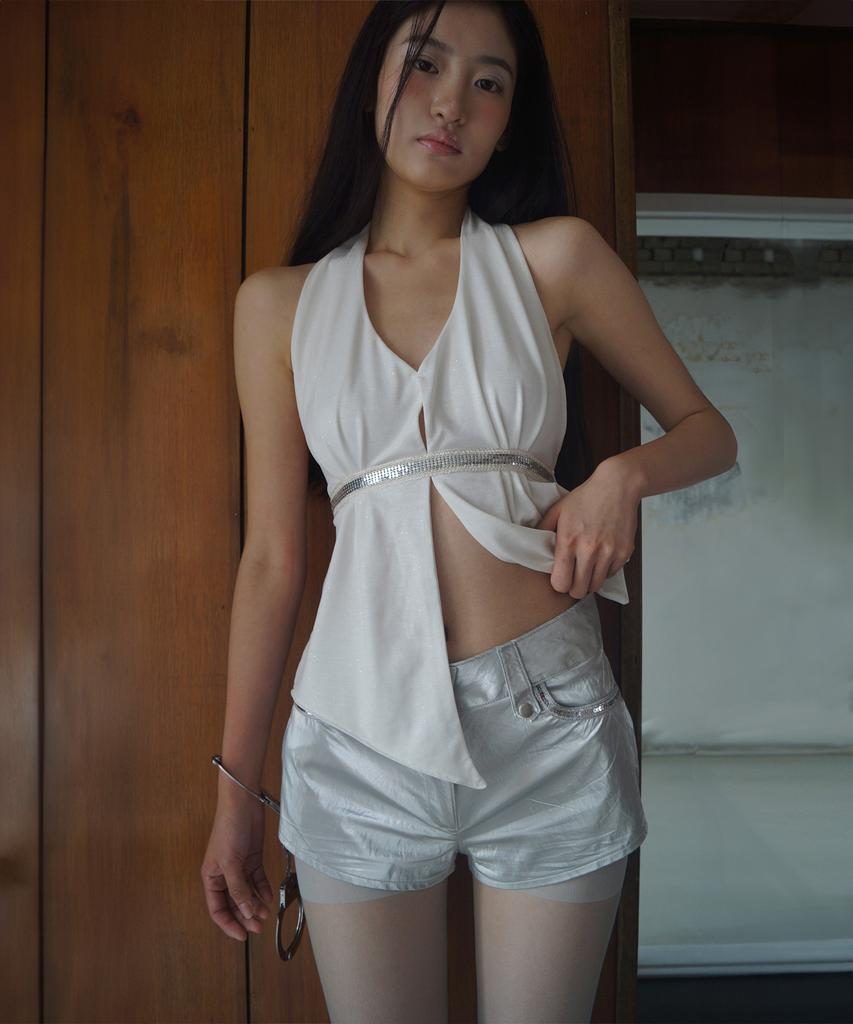 Myujeumyujieom Beaded Strap Shirred Halter Top - White