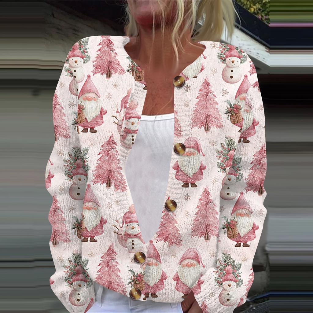 Damenmode, weihnachtlich bedruckt, langärmelig, Strickjacke, Button-Down-Jacke